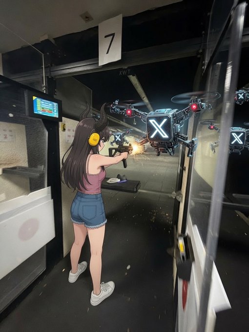 An anime-style illustration shows a girl with headphones firing a gun at robotic drones marked with "X" symbols at a shooting range labeled "7," visually representing the call to eliminate bots.