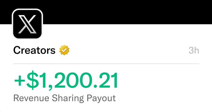 A screenshot of a Reddit post by user "Creators" on the subreddit r/Creators showing a X (Twitter) Revenue Sharing Payout notification of +$1,200.21 received 3 hours ago, illustrating the post's claim that users can earn money through X's creator monetization program.