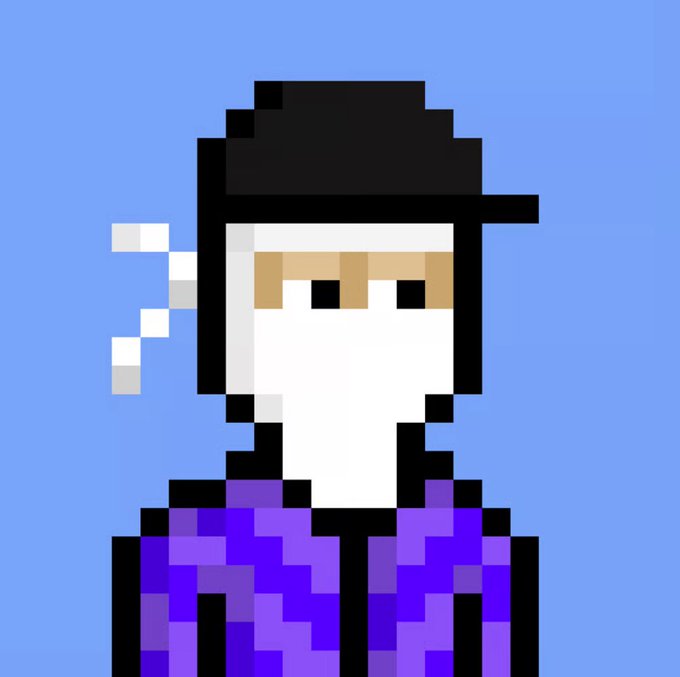 A pixel art portrait of a person with black hair, a white face covering, and a purple patterned shirt against a light blue background.