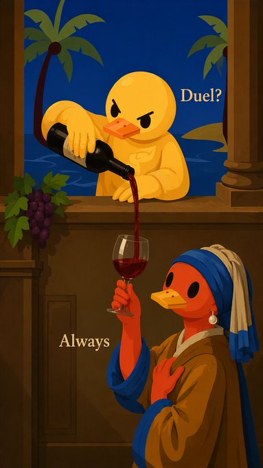 A parody of Vermeer's 'Girl with a Pearl Earring' depicts an orange duck in the iconic pose holding a wine glass, with a yellow duck bartender pouring wine and the text 'Duel?' above and 'Always' below.
