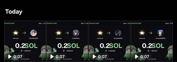 A series of "Today" transaction notifications shows user "netvyse" sending 0.2 SOL transfers to four recipients (Flowksy222, TkidHawk, da_blackdilly, and Junkie0900) via Pump.fun, each valued around $19-20, illustrating the small airdrop rewards mentioned in the post.