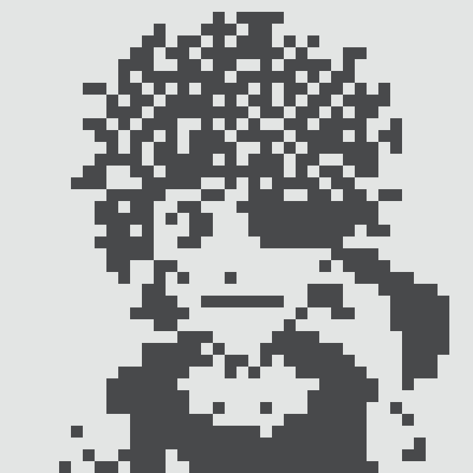 Pixel art portrait of a smiling character rendered in dark navy blue blocks on a white background.