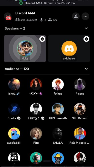 A screenshot of a Discord AMA with Retium (ama 25062026) featuring 2 speakers—Nuke and akichairo—and an audience of 120 members including Ishok, KIKY, fathus, Pisces, Starkz, ASHTQ_0, UUS base.eth, SK | Retium, ayoola6811, Ritu, $HOLA, and Role Miracle.