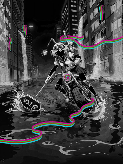 A black and white illustration of a character riding a motorcycle through a flooded city street at night, with vibrant, glitch-like trails of cyan and magenta wrapping around the scene.
