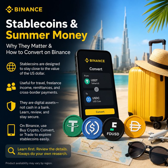 A Binance promotional graphic titled "Stablecoins & Summer Money: Why They Matter & How to Convert on Binance" displays a smartphone showing the Binance Convert feature for swapping USDT to USDC, set against a Dubai skyline with travel imagery including a yellow suitcase, sun hat, and sunglasses, visually reinforcing the post's connection between stablecoins like USDT, USDC, FDUSD, and DAI and their practical use for travel, remittances, and summer-related financial needs.