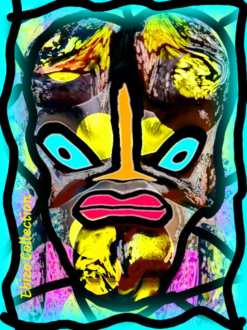 A vivid pop-art mask with bright cyan, yellow, and pink colors is signed "ElpasoCollector" along the left side.