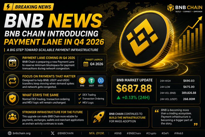 A 'BNB NEWS' infographic announcing BNB Chain introducing Payment Lane in Q4 2026, with BNB market update showing $687.88 (+0.13% 24H).