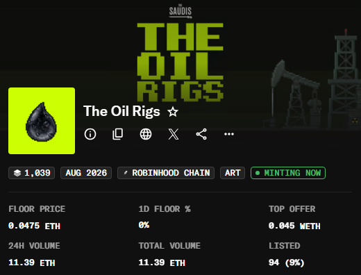 A digital marketplace listing for the "The Oil Rigs" NFT collection by SÁUDIS on the Robinhood Chain, showing 1,039 items, a floor price of 0.0475 ETH, and a "MINTING NOW" status.