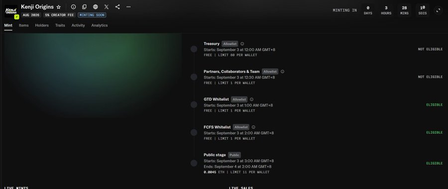 A screenshot of a crypto minting page for 'Kenji Origins' showing minting stages including Treasury, Partners/Collaborators & Team, GTO Whitelist, FCFS Whitelist, and Public stage, with a countdown timer of 3 days, 20 hours, 10 minutes until minting begins on August 2025.