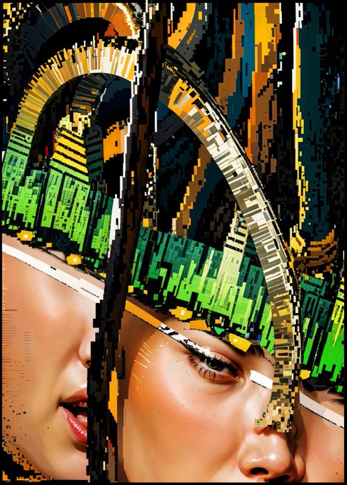A digital collage featuring a woman's face with red lipstick, overlaid with glitch-art elements, vertical slices, and pixelated green and yellow patterns that resemble a city skyline.