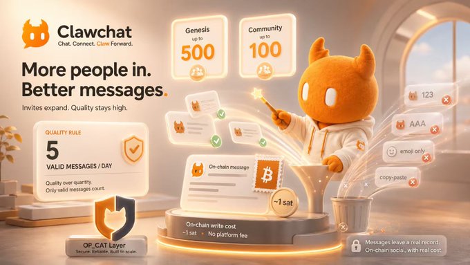 A promotional graphic for 'Clawchat' featuring an orange mascot with a magic wand, highlighting 'More people in. Better messages.' and noting up to 500 Genesis and 100 Community slots.