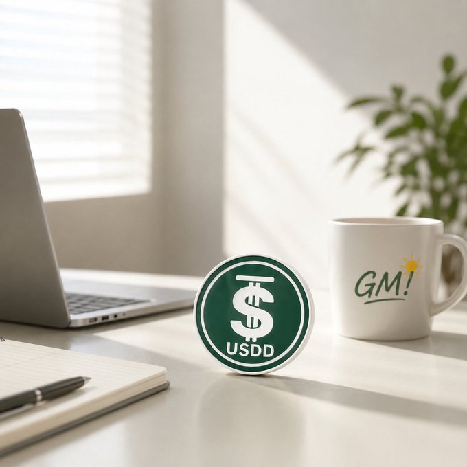 Stylized product photo of a green circular 'USDD' sticker next to a white 'GM!' coffee mug on a desk, with a laptop, notebook, pen, and potted plant in the background.