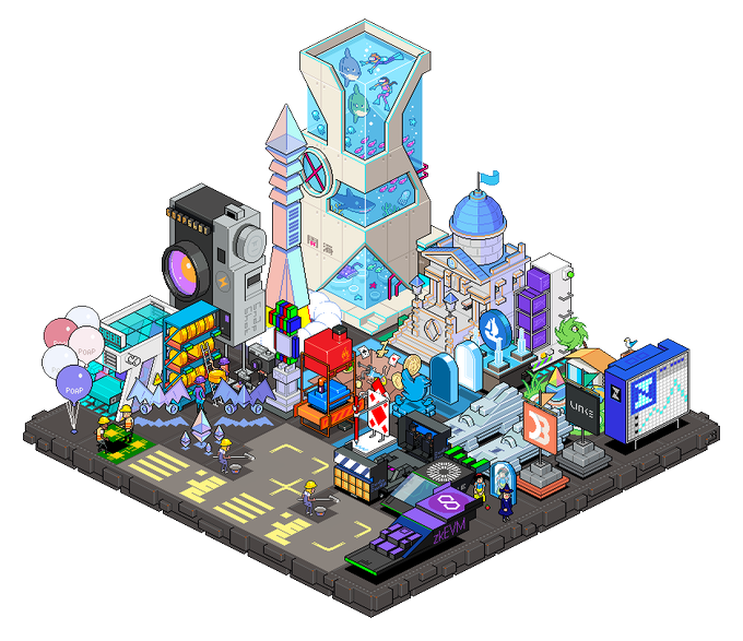 An isometric pixel art cityscape featuring a voxel-style underwater tower with sharks, a rocket labeled 'X', a 'Linux' truck, a 'ZEEM' racetrack with a car numbered '8', and various tiny figures interacting with the environment.