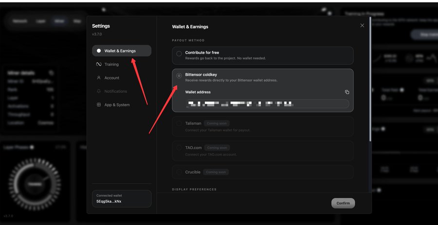 A screenshot of the IOTA software's Settings panel showing the "Wallet & Earnings" section with the "Bittensor coldkey" payout method selected and a partially obscured wallet address entered, corresponding to step 3 of the tutorial for filling in a wallet address before mining begins.