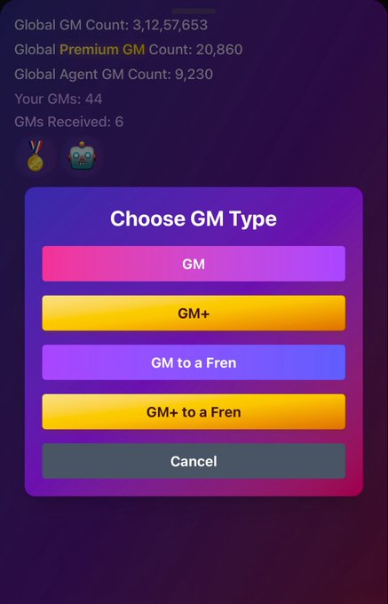 A 'Choose GM Type' menu popup on a purple gradient background offering GM, GM+, GM to a Fren, and GM+ to a Fren options, with stats showing Global GM Count: 3,12,57,653, Global Premium GM Count: 20,860, Your GMs: 44, and GMs Received: 6.