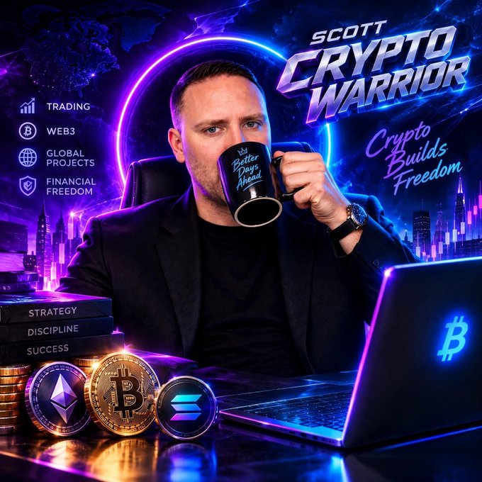 A man labeled "SCOTT CRYPTO WARRIOR" drinks from a "Better Days Ahead" mug amid neon purple lighting, with "Crypto Builds Freedom" displayed alongside icons for Trading, Web3, Global Projects, and Financial Freedom, plus physical crypto coins (Bitcoin, Ethereum, Solana) and a laptop showing a Bitcoin logo—perfectly matching his "GM Legends" weekend greeting to the crypto community.