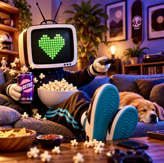 A surreal illustration of a character with a retro TV for a head displaying a pixelated green heart, sitting on a couch with popcorn, a drink, and a sleeping golden retriever nearby.