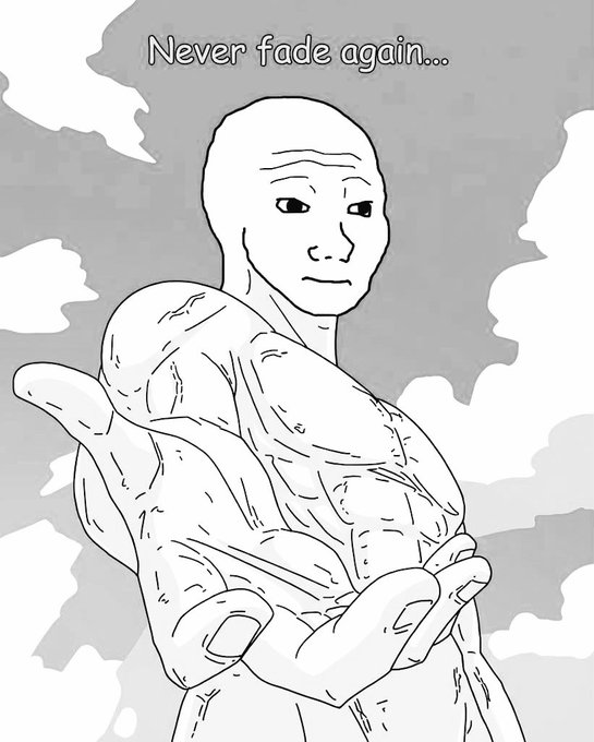 A stylized line drawing of the classic Wojak "feels guy" meme character staring solemnly with hands clasped, set against a cloudy gray background with the text "Never fade again..." written at the top. The melancholic Wojak image pairs with the post's message of loyalty and commitment to $WOJAK, reinforcing the "never fade" theme by visually representing the emotional conviction of holding through market downturns.