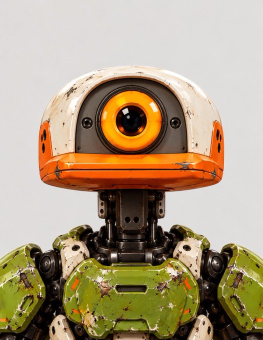 A close-up of a weathered robot with a single large glowing orange eye, featuring a white and orange head with rust marks and green armored body panels.
