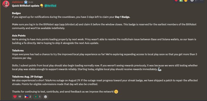 A Discord post by "dabblerer" announces a "Quick BitRobot update," detailing information about Badges, Axis Points, TeleArms, and a "TeleArms Aug. 29 Outage."