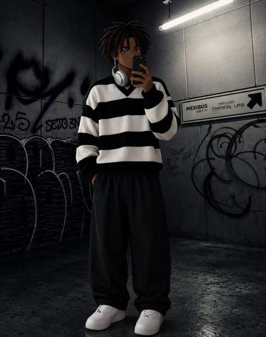 An anime-style illustration of a young man with dreadlocks wearing a black and white striped sweater, taking a selfie in a graffiti-covered concrete hallway with a "MEXIBUS LINEA IV DIRECCION TERMINAL UMB" sign.