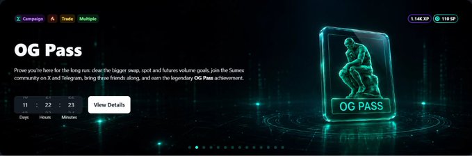 A Sunex promotional banner for an 'OG Pass' achievement with a countdown timer showing 11 days, 22 hours, 23 minutes, featuring a glowing teal hologram of Rodin's 'The Thinker' statue, with 1.14E XP and 110 SP displayed.