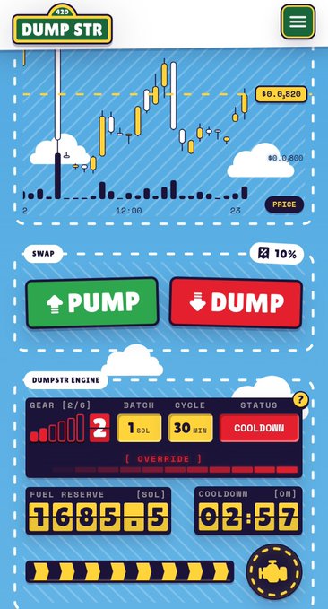 A mobile game interface titled 'DUMP STR' showing a candlestick price chart, PUMP/DUMP buttons, and a Dumpstr Engine status panel displaying Fuel Reserve, Cooldown, and Gear settings.
