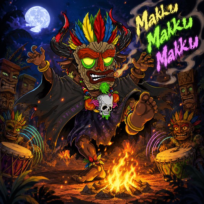 A vibrant cartoon illustration features a tiki-mask-wearing shaman dancing around a campfire while tiki drummers play, with the text 'Makku Makku Makku' in the corner.