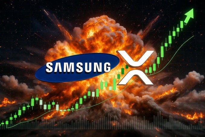 The image features a large explosion with a blue explosion, surrounded by smoke and flames. The explosion is accompanied by a green upward-pointing arrow, which appears to be pointing towards the top left corner of the image. In this context, there are two words written in white letters that read "SAMSUNG" and "XRPT". These words are positioned above the explosion. Additionally, there is an upward-pointing arrow with a dollar sign symbol on it, which indicates that the explosion represents a financial event or market trend related to the company Samsung. The text also mentions that the world's largest corporations have invested early in XRP, suggesting that this digital currency might be of interest to them.