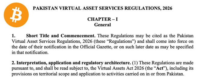 The image shows the opening pages of Pakistan’s “Virtual Asset Services Regulations, 2026,” including Chapter I and provisions on commencement, interpretation, application, and regulatory architecture. It illustrates the post’s claim that Pakistan has established a licensing and regulatory framework to govern Bitcoin and other virtual assets through PVARA.
