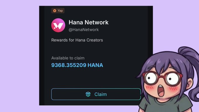 A screenshot showing a 'Hana Network' (@HanaNetwork) creator rewards claim interface with 9368.355209 HANA available to claim, accompanied by a cartoon character with purple hair and glasses reacting with a shocked expression.