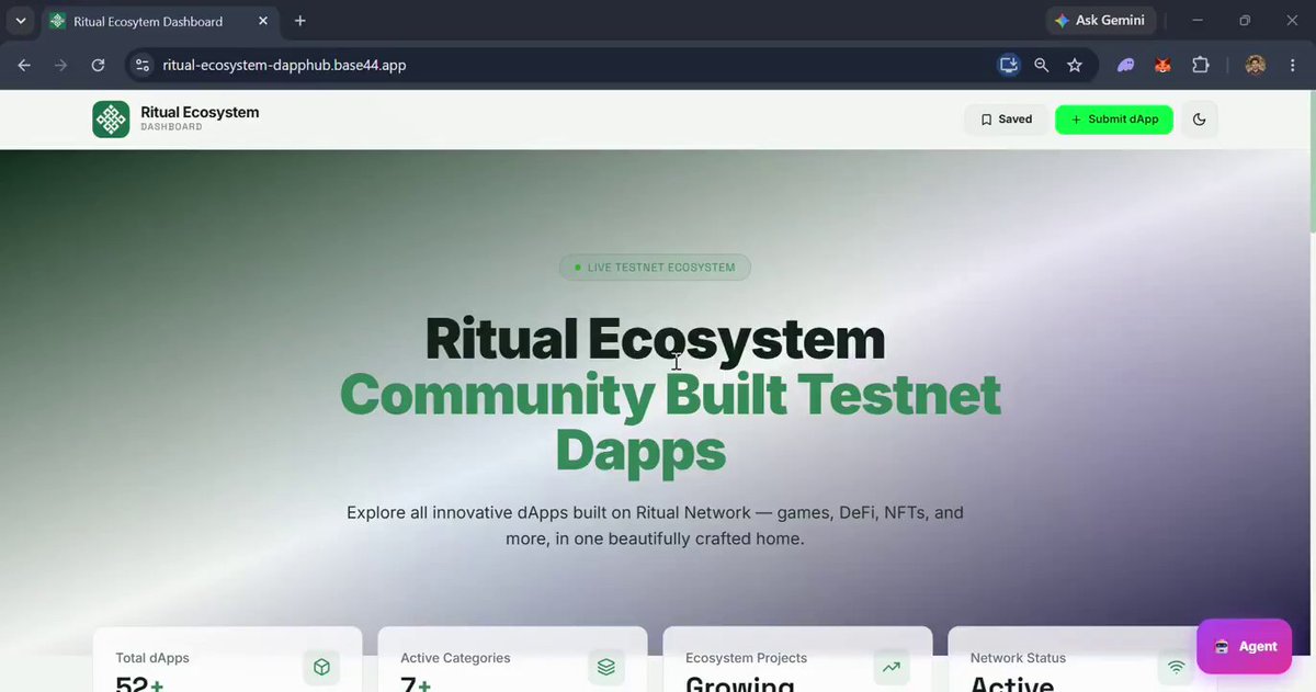 The image features a screenshot of an online dashboard that displays various information about a Ritual ecosystem community built testnet dapp hub. The dashboard shows details such as the number of categories available (52), different app types showcased (8) on the site, and users' ability to vote for their favorites among multiple dApp offerings (8). A purple button is also present on the page that allows users to register or sign up, potentially indicating a registration system within this community-based testing platform.