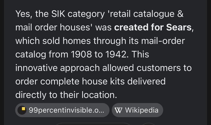 A text excerpt explaining that the SIK category 'retail catalogue & mail order houses' was created for Sears, which sold homes through its mail-order catalog from 1908 to 1942.