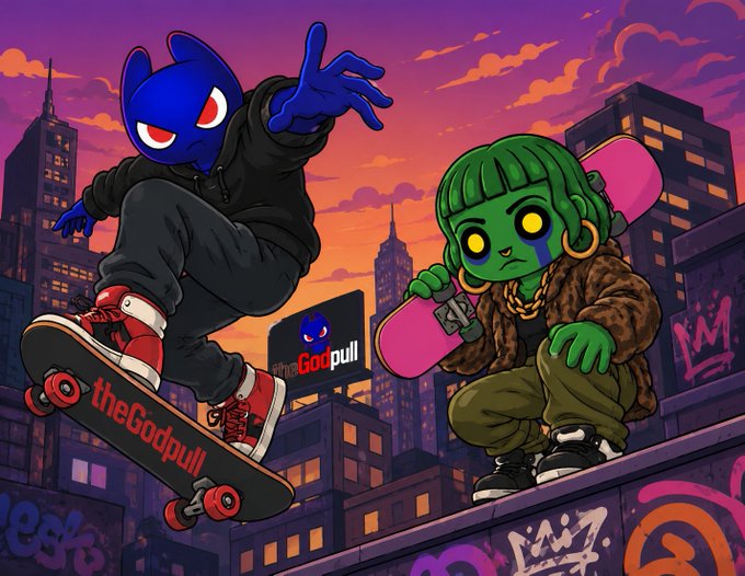 A vibrant illustrated street art-style image showing a blue masked character on a skateboard with 'theGodpull' on the deck, alongside a green-skinned character with a pink skateboard, set against a purple sunset cityscape.