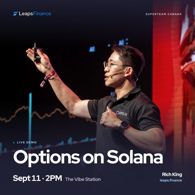 Promotional graphic for LeapsFinance and Superteam Canada advertising a live demo titled 'Options on Solana' by Rich King at The Vibe Station on Sept 11 at 2PM.