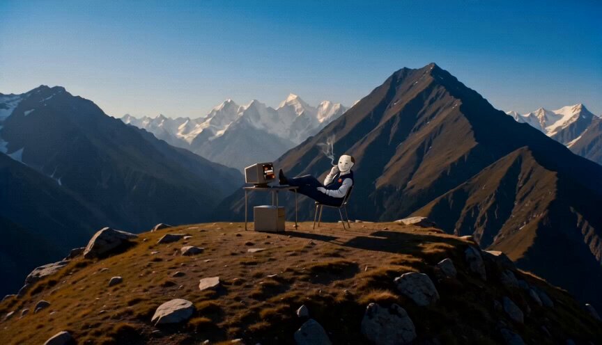 The image shows a man sitting at a desk with his feet up, overlooking a mountain range. The scene appears to be set in a mountainous area where the man seems to be enjoying some leisure time or taking a break from work. There are no visible texts or other objects in the image that provide information about the game's rules or objectives.