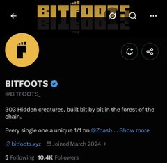 A screenshot of the Bitfoots Twitter/X profile (@bitfoots) showing the name 'BITFOOTS' and bio: '303 Hidden creatures, built by bit in the forest of the chain.'