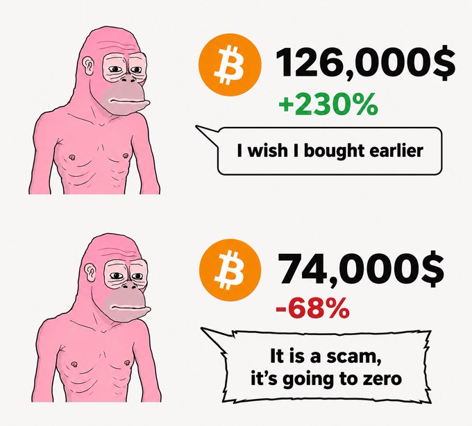The image shows two cartoon characters, one pink and one orange, standing side by side with a speech bubble above them that says "I wish I'd bought in earlier" and another speech bubble below them that says "It's a scam, it's heading to zero". The text is written in black against the white background.