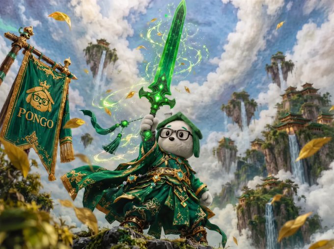 A fantasy digital illustration depicts a small dog wearing round glasses and ornate green robes, holding a glowing green sword aloft. A green banner on the left reads 'PONGO'.