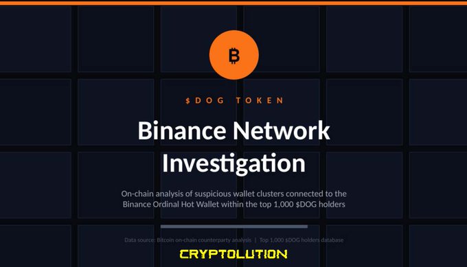 The image shows a screenshot of a website called "cryptolution" with a banner at the top that says "8DOG TOKEN BINANCE NETWORK INVESTIGATION". The banner also displays a list of Bitcoin addresses, including one that is linked to a network of 39 wallets. The text on the banner indicates that this investigation was conducted in 2006 and reveals that there were 4.7% of total supply taken from these wallets during that time period.