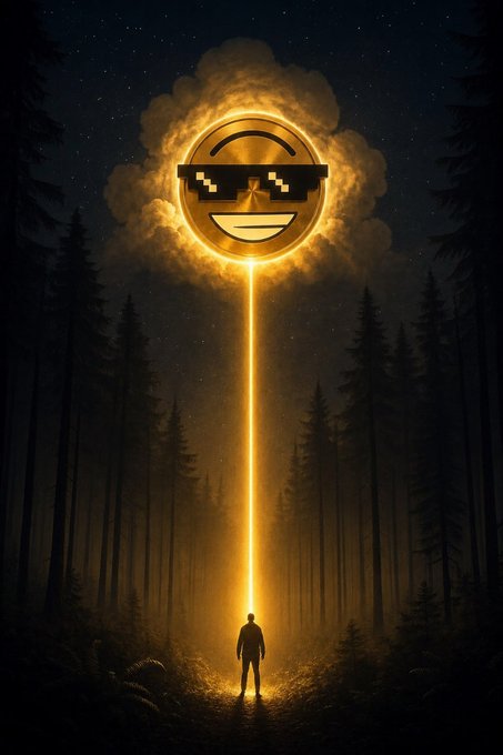 Digital illustration of a silhouetted person standing in a dark forest, looking up at a glowing yellow smiley face wearing pixelated sunglasses, surrounded by clouds and a vertical beam of light.