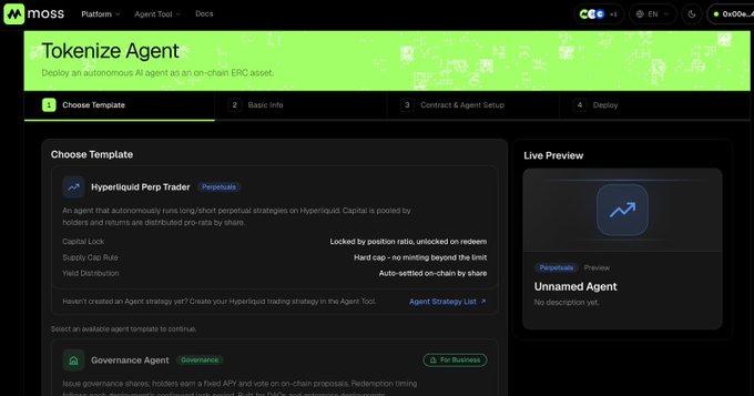 A screenshot of the Moss platform's 'Tokenize Agent' interface, showing options to deploy an autonomous AI agent, with 'Hyperliquid Perp Trader' and 'Governance Agent' templates visible.