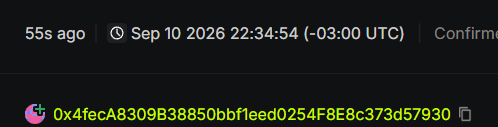 A dark-themed interface snippet showing a timestamp "55s ago | Sep 10 2026 22:34:54 (-03:00 UTC)" and a cryptocurrency wallet address "0x4fecA8309B38850bb1eed0254F8E8c373d57930".