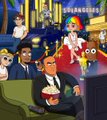 An animated scene of an auditorium where a woman in a red dress stands on stage and a man in a suit rises from his seat, both appearing surprised.