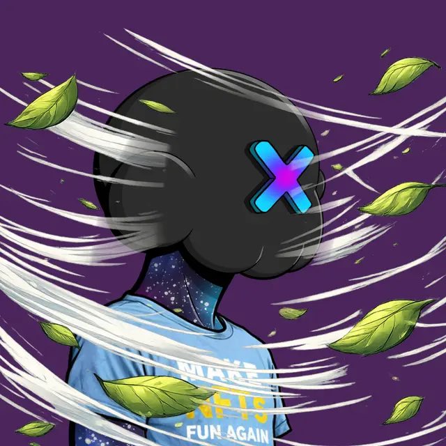 The image shows a stylized figure with a black sphere for a head featuring a glowing blue and purple "X" logo, wearing a blue shirt that reads "WAKE UP ITS FUN AGAIN," with wind and leaves swirling around them—evoking a sense of departure or fading away, matching the post's "now you see me, now you don't" farewell message.