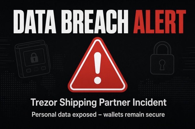 A 'DATA BREACH ALERT' graphic featuring a red warning triangle announces a 'Trezor Shipping Partner Incident' noting that 'Personal data exposed - wallets remain secure'.