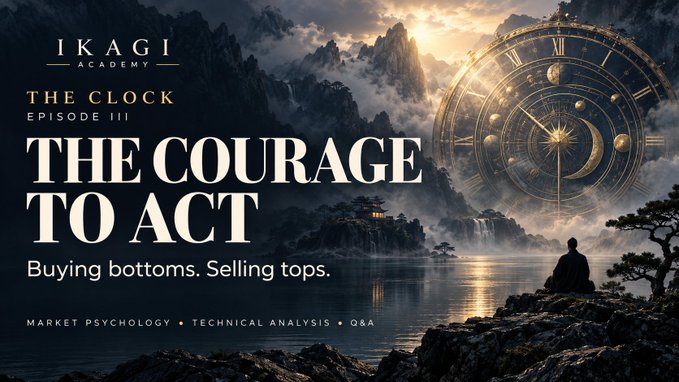 The image is a promotional banner for "IKAGI Academy" featuring "THE CLOCK EPISODE III: THE COURAGE TO ACT," with the tagline "Buying bottoms. Selling tops." It depicts a serene mountain landscape with a meditating figure overlooking water, alongside an ornate clock and astrolabe, and lists topics: "MARKET PSYCHOLOGY • TECHNICAL ANALYSIS • Q&A."

The banner visually echoes the post's emphasis on disciplined, conviction-driven trading—pairing the contemplative figure and celestial clockwork with the message that traders need "courage with conditions," not certainty, to act decisively in the markets.