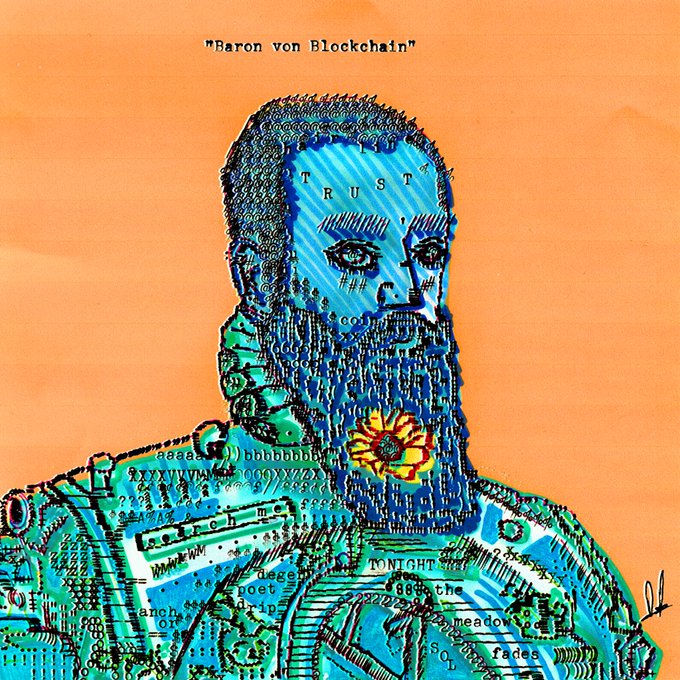 An artistic illustration titled 'Baron von Blockchain' depicting a portrait of a bearded man whose face and clothing are composed of digital code, text fragments, and binary patterns against an orange background.