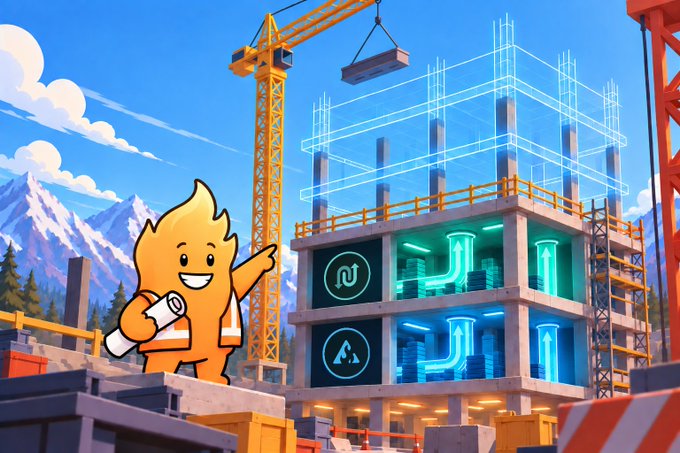 A cartoon illustration of a flame-headed character in a safety vest holding blueprints, standing in front of a construction site with a yellow crane, neon-lit building framework, and snow-capped mountains in the background.