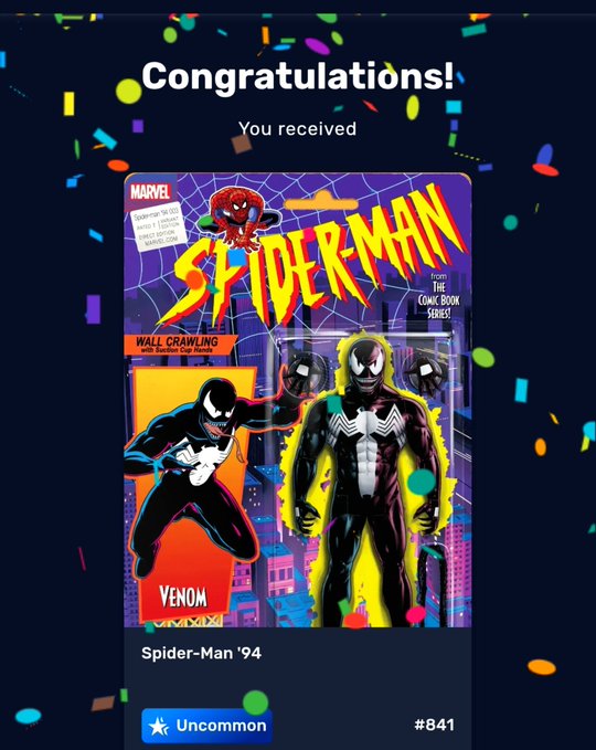 A digital collectible congratulations screen showing a Spider-Man '94 Venom action figure card marked as "Uncommon" #841.